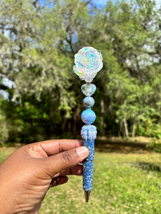 Accessories - Handcrafted Rhinestone Iridescent Rose Beaded Pen - Blue and Opal Tones